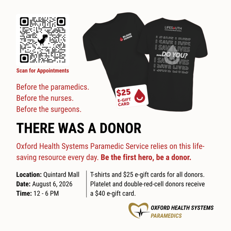 Oxford Health Systems Paramedics Blood Drive August 6th at Quintard Mall 12pm - 6pm